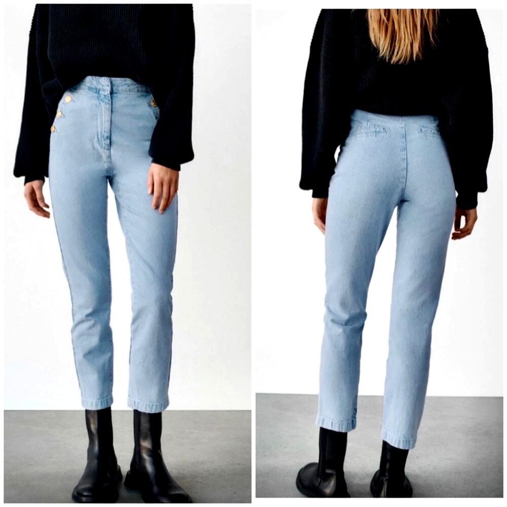 Zara Saylor Gold Button Light Blue High Waisted Straight Leg Jeans size Large